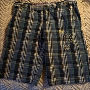 Old Navy Teal-Trim Navy & Green Plaid Shirt embroidered on front cute!